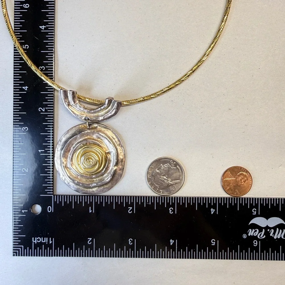 Norma Jean Collar Necklace Mixed Metal Hammered‎ Spiral Pendant Gold Tone
